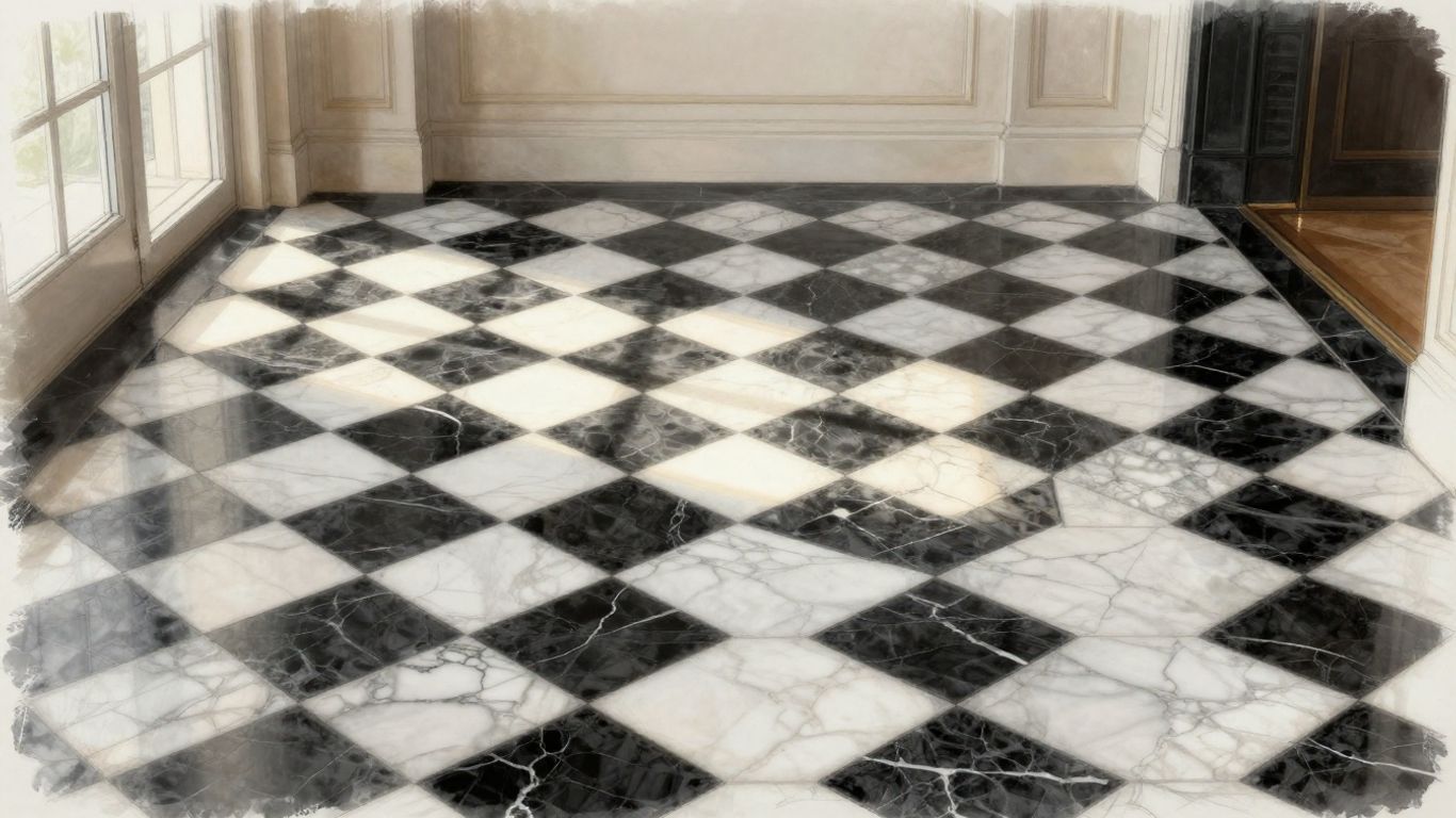 Sketch of checkerboard marble floor in a room.