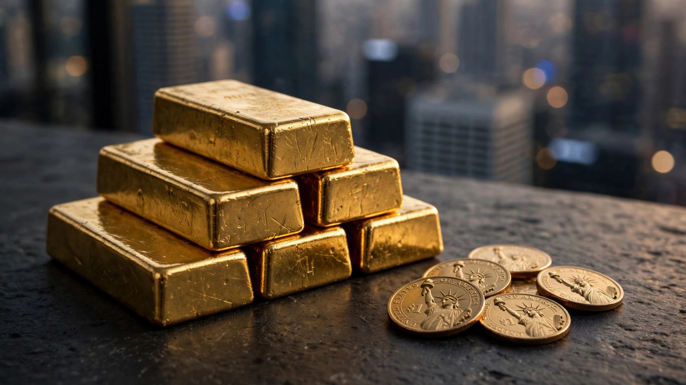 Gold bars beside a currency exchange display