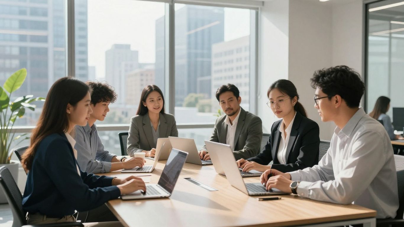 Business professionals collaborating in a modern office with city view.
