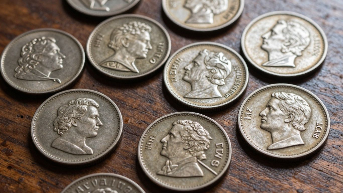 Collection of old wooden nickels on a wooden surface.