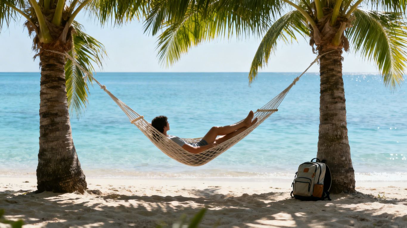 Person relaxing on hammock by beach, symbolizing financial freedom.
