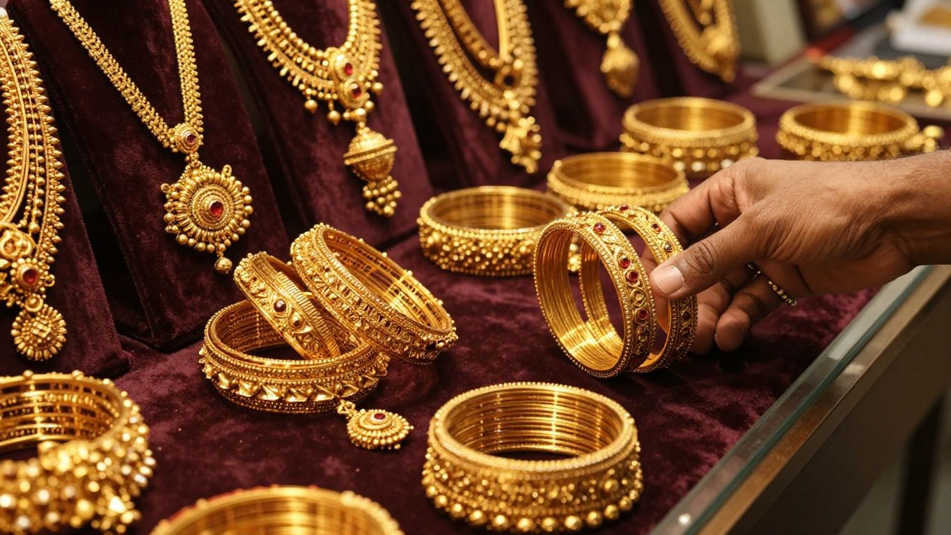 Traditional gold bangles and necklaces in a jewellery showroom