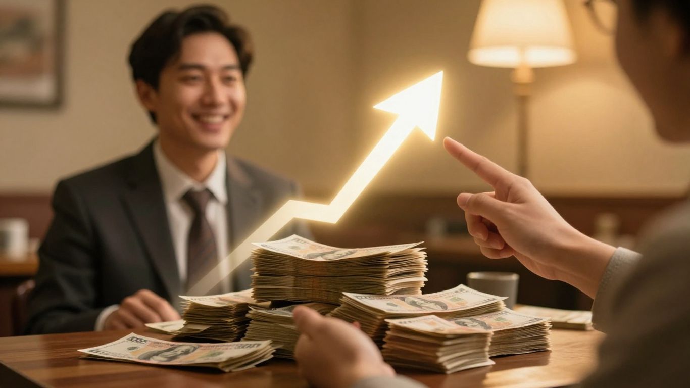 Restaurant owner receiving cash, financial growth arrow.