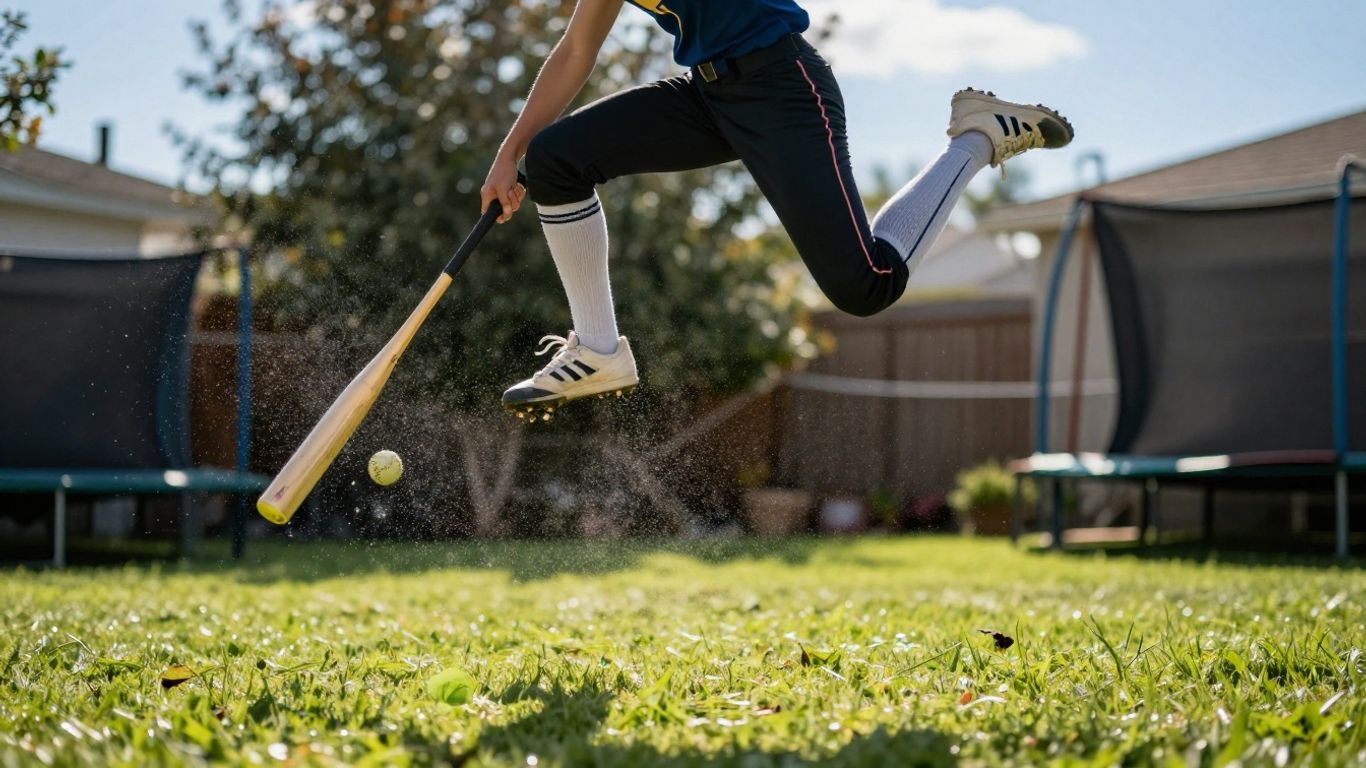 Person hitting a softball while jumping on a trampoline.