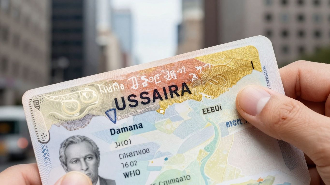 Mano sosteniendo visa de trabajo estadounidense.