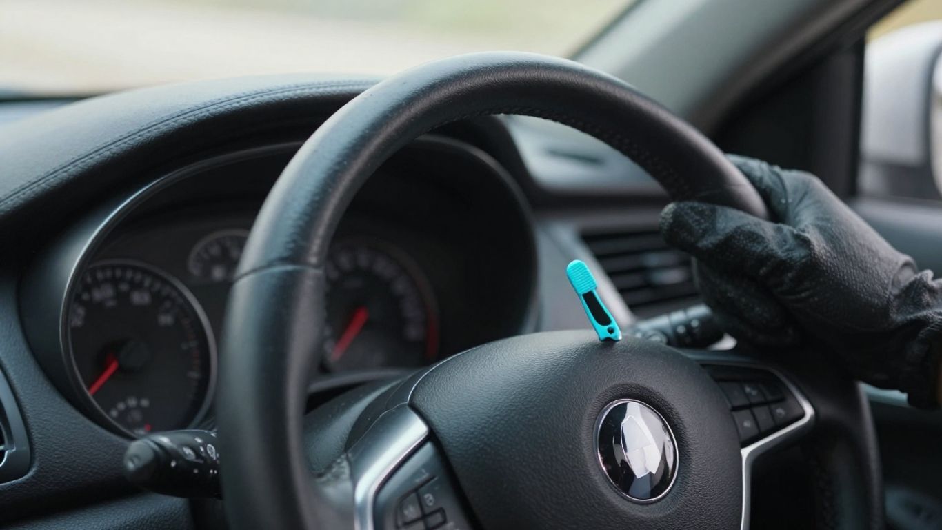 Fahrzeuginnenraum mit Fokus auf Lenkrad und Armaturenbrett.