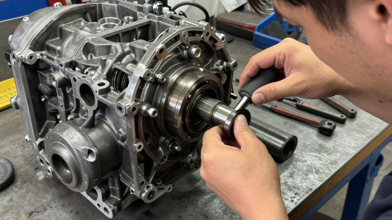 Mechanic examining a used Triton gearbox