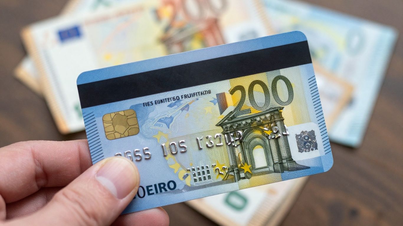 Mano con tarjeta de crédito y billetes de euro.