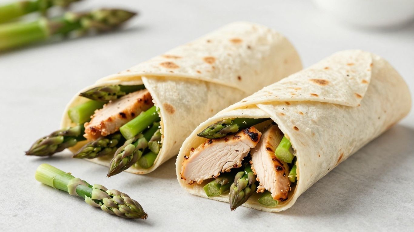 Healthy chicken and asparagus wrap, cut in half.