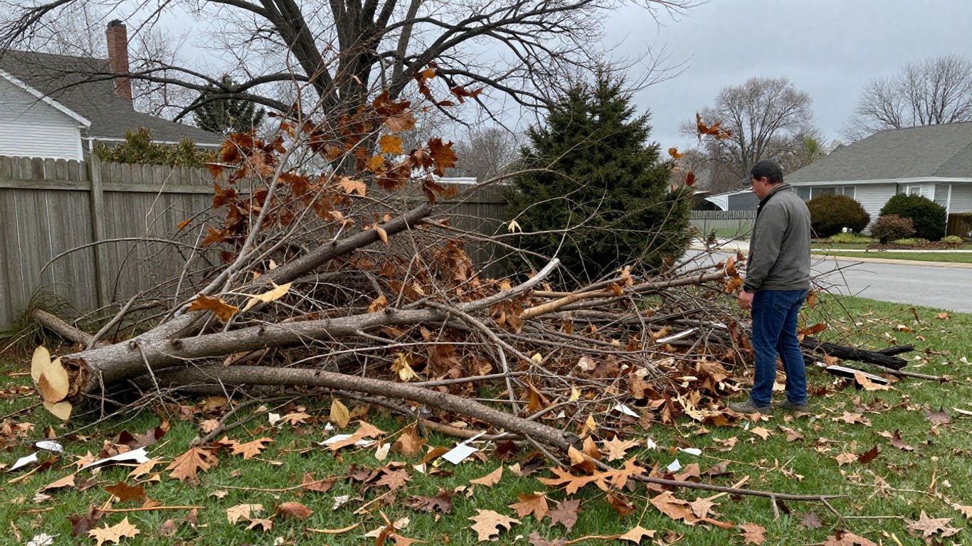 Yard debris and tree limbs after a thunderstorm.