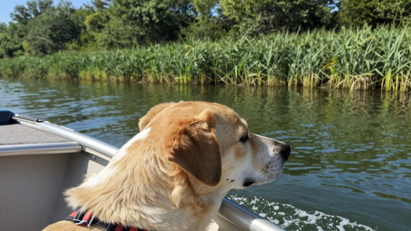 Hond kijkt uit bootraam tijdens rondvaart Biesbosch.