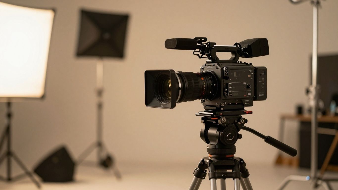 A professional film set featuring heavy-duty cameras and high-end lighting grids