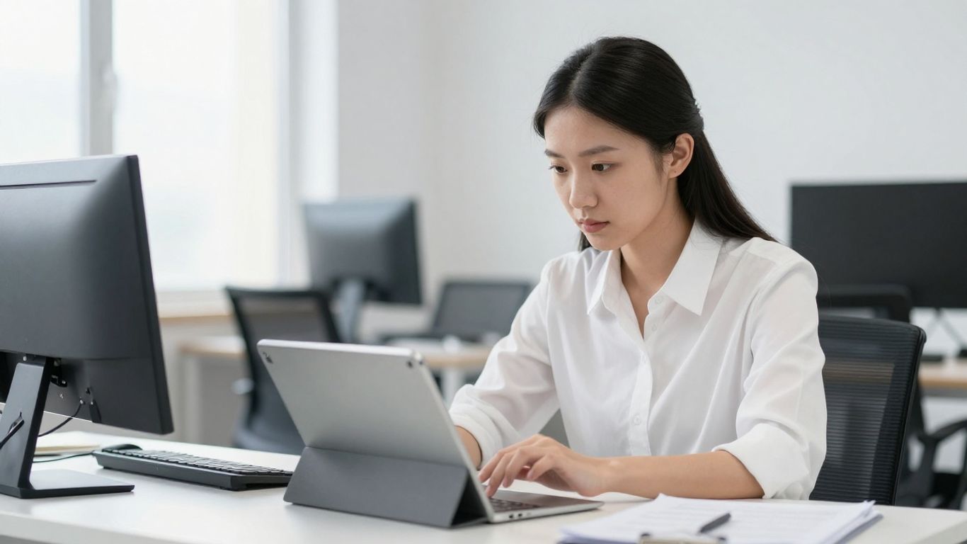 A professional looking at a tablet screen