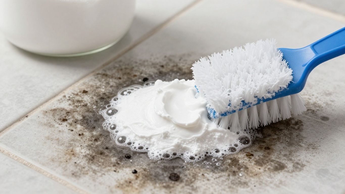 Baking soda and vinegar paste cleaning moldy tile.