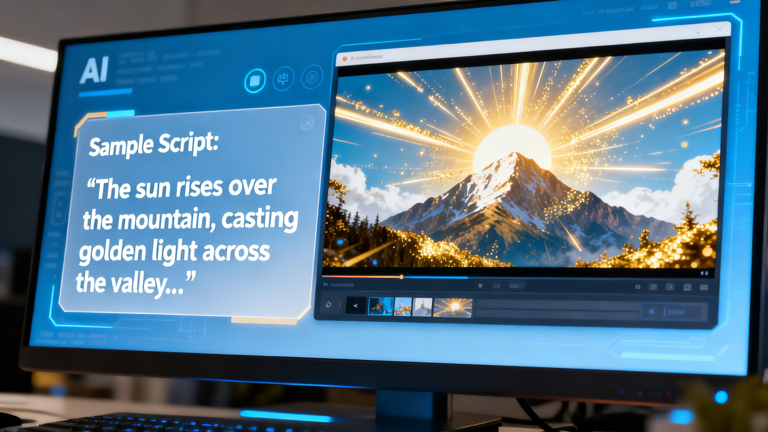 An AI interface showing a text script being transformed into a vibrant video animation on a computer screen