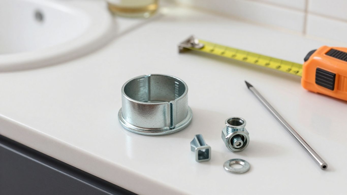 Metal toilet flange repair ring beside plumbing tools