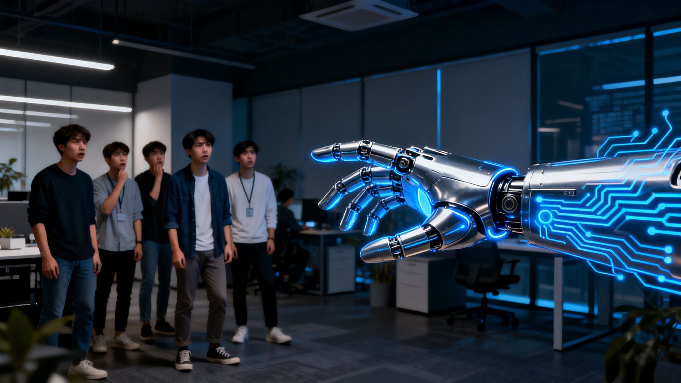 AI agent replacing junior developers in a modern office.