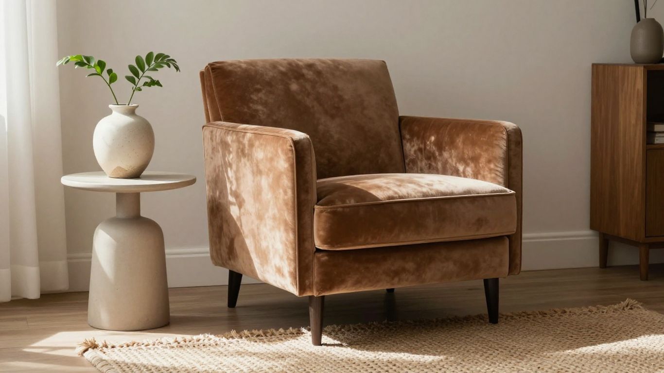 Cozy living room corner with armchair, plant, and rug.