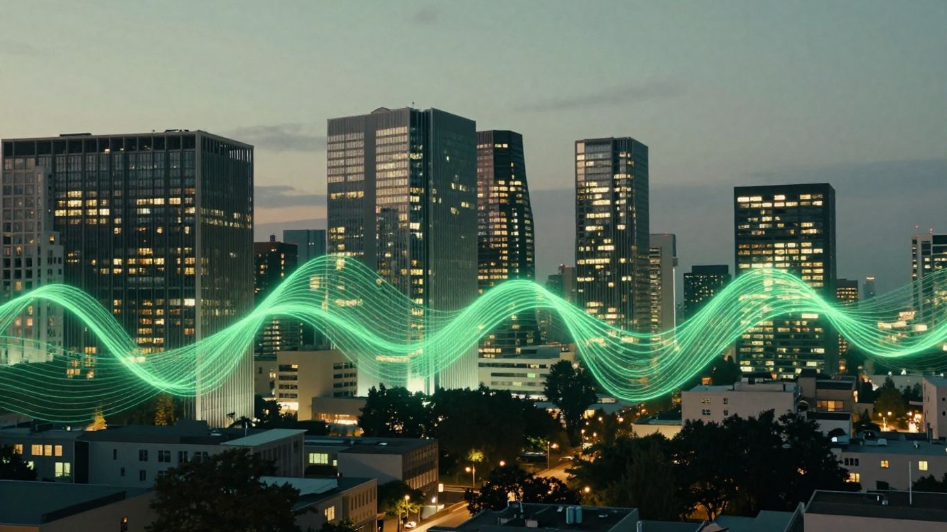 Ville moderne avec une lueur verte subtile.