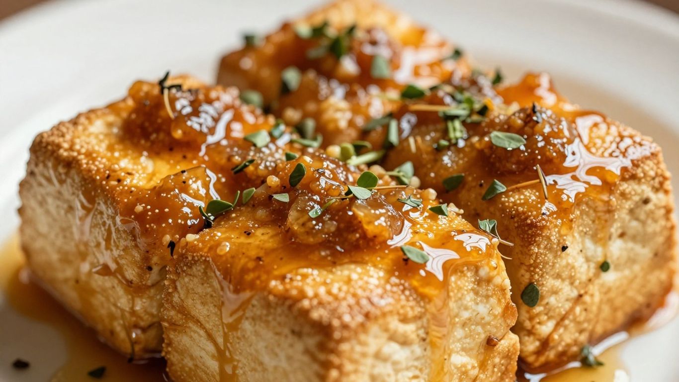 Maple garlic tofu roast with herbs, glistening glaze.