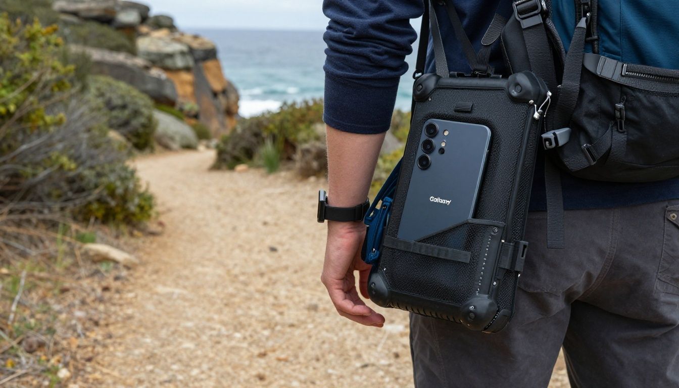 A person using their Galaxy S25 FE in a rugged case while hiking along a coastal path in Australia.