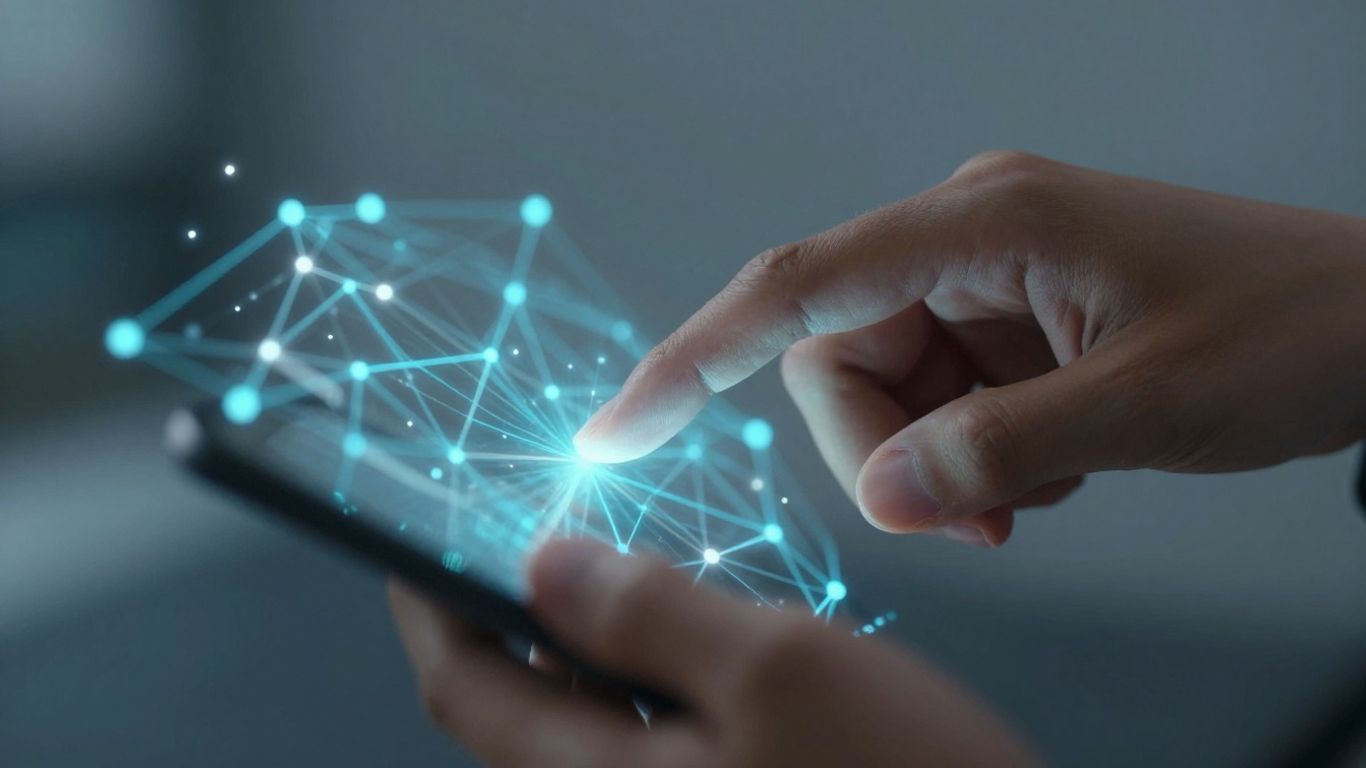 Hands interacting with a digital interface.