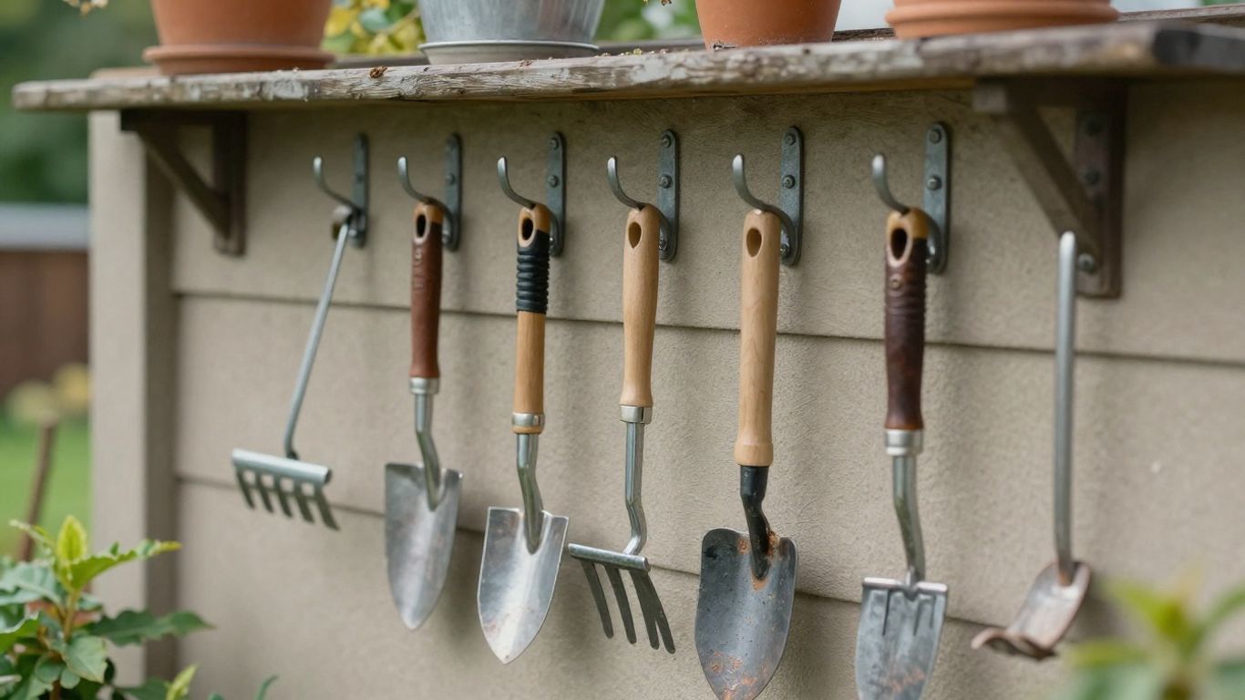 Gartenwerkzeuge ordentlich an Wandhaken aufgehängt.