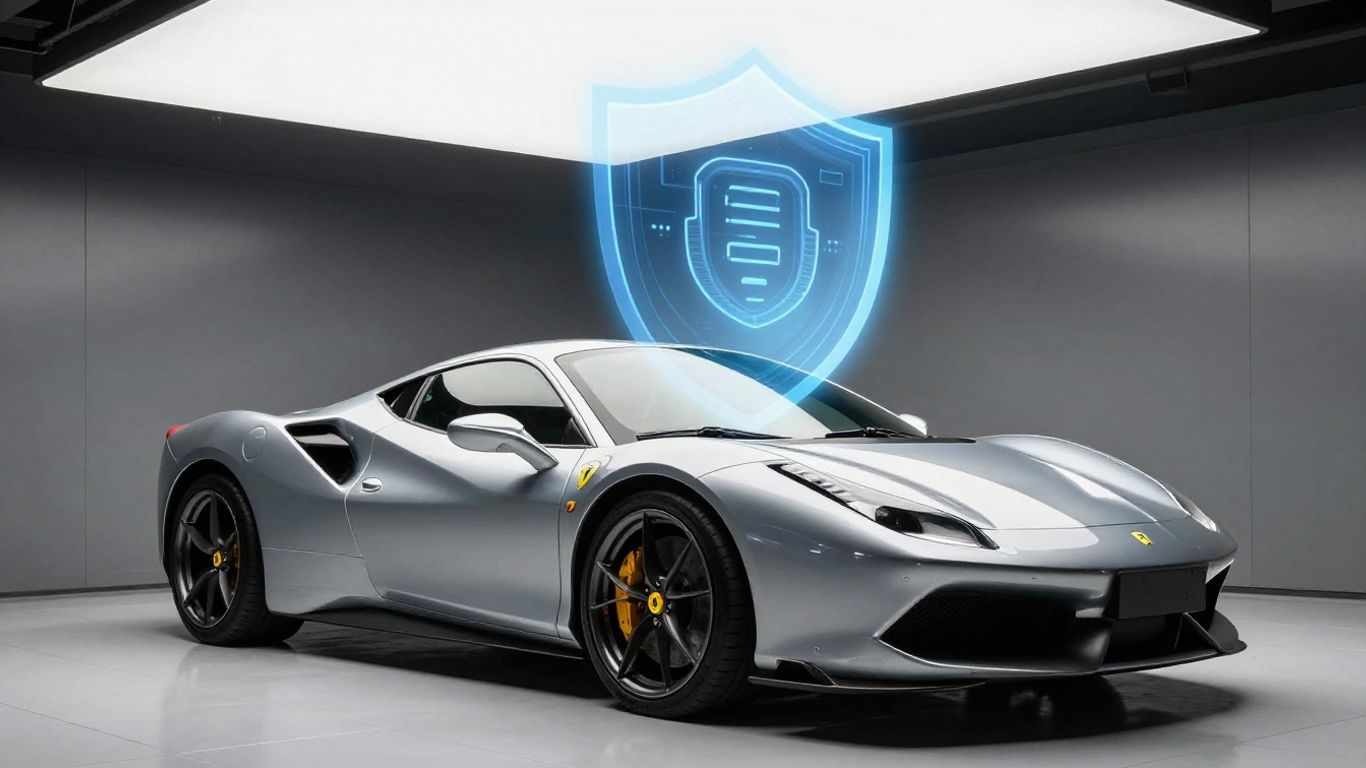 Exotic car in a secure garage with a protective shield.