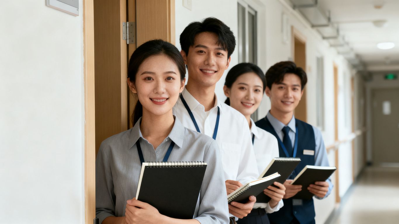 Professional staff conducting a routine room inspection in hostel