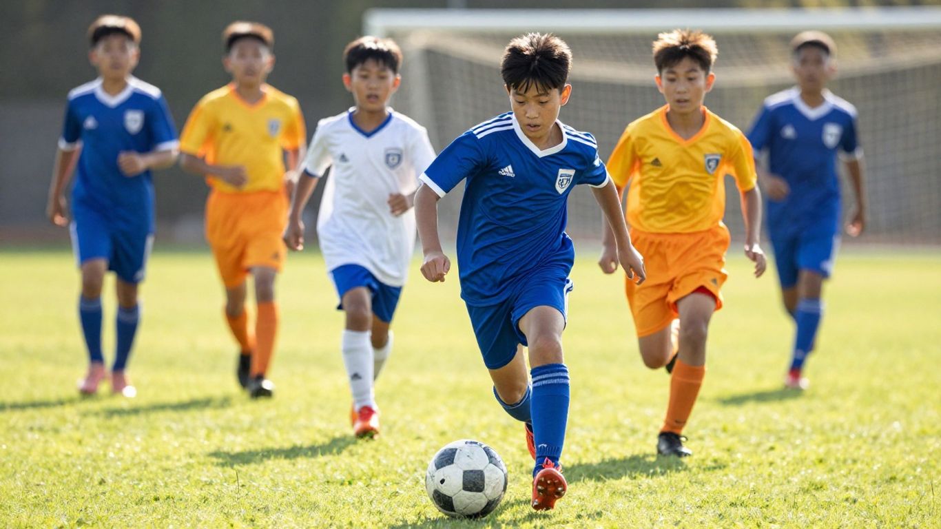 Young soccer players in action on a green field.