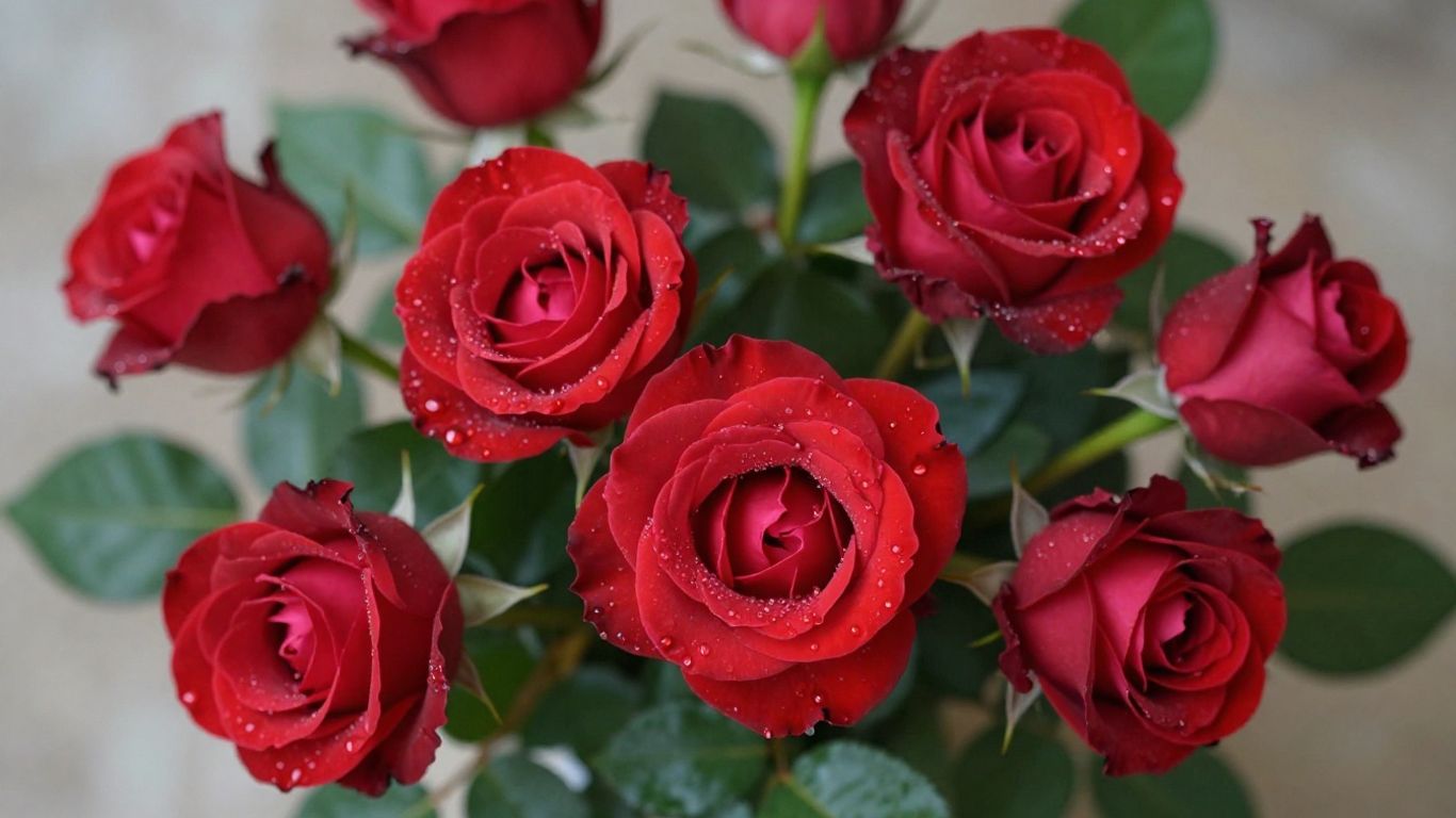 Geschnittene Rosen mit üppigem Grün und roten Blüten.
