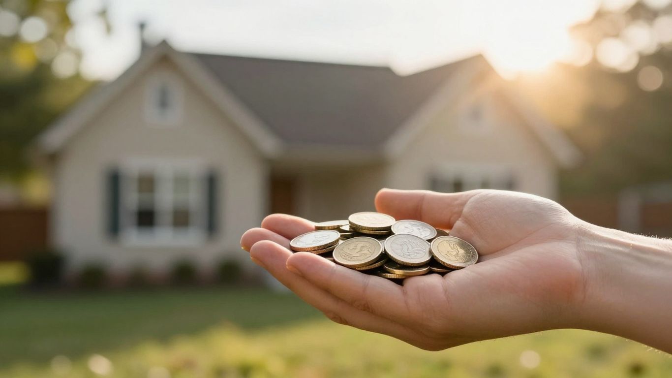House with coins and a bright sun.