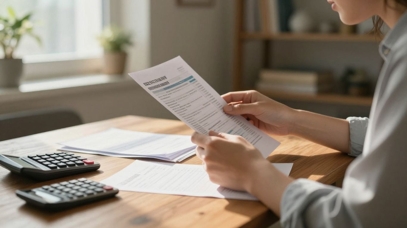 Persona planificando finanzas del hogar con documentos y calculadora.