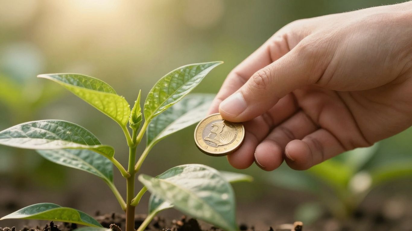Monedă aurie într-o plantă în creștere, simbolizând dezvoltarea.