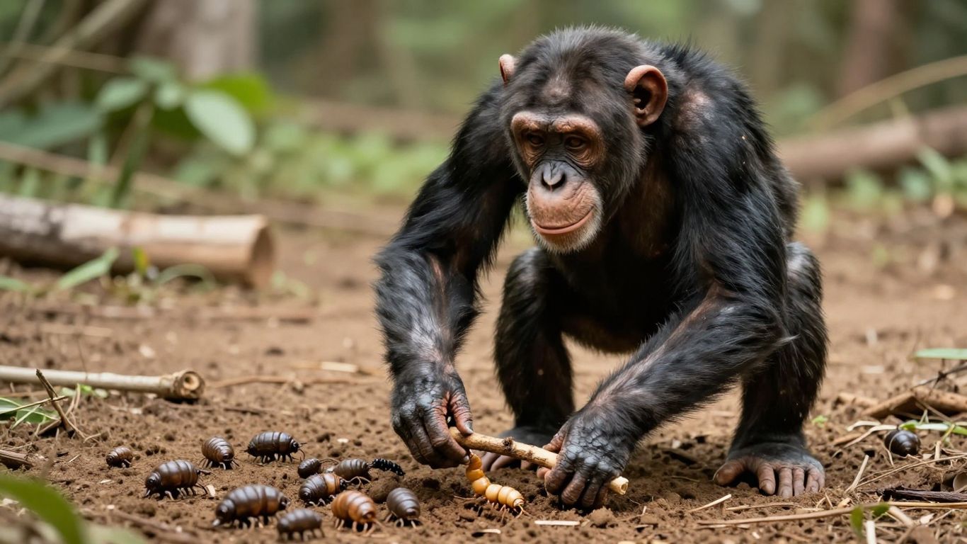 Chimpanzee using a stick to get termites.