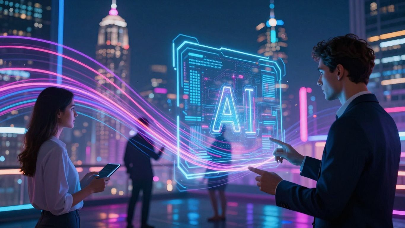 Futuristic cityscape with glowing digital streams and people interacting with holograms.