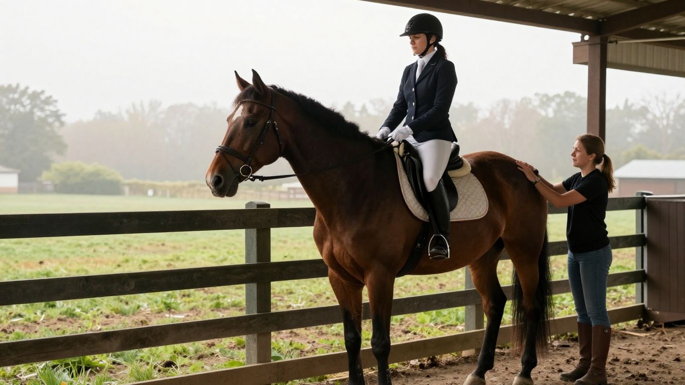Cavalière adulte préparant calmement son cheval