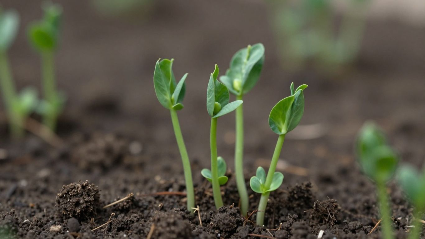 Junge Erbsenpflanzen sprießen aus der Erde im Frühling.