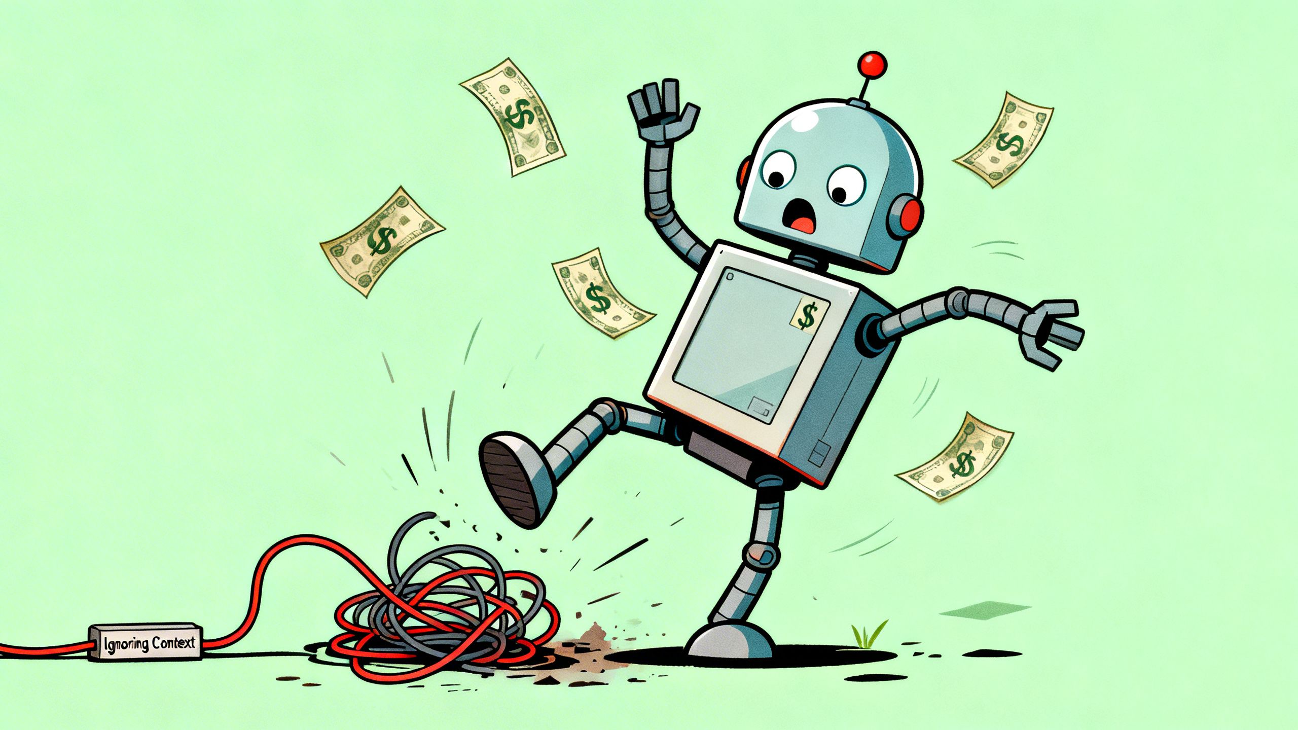 A cartoon image of a robot tripping over a wire labeled 'Ignoring Context', with money flying out of its hands, symbolizing the pitfalls of poor eCommerce automation.