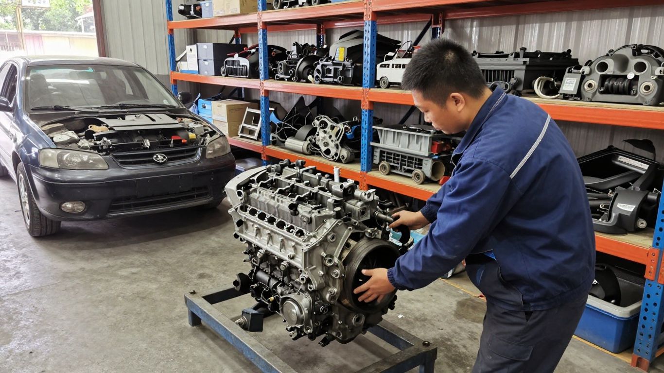 Used engine seller inspecting vehicle parts