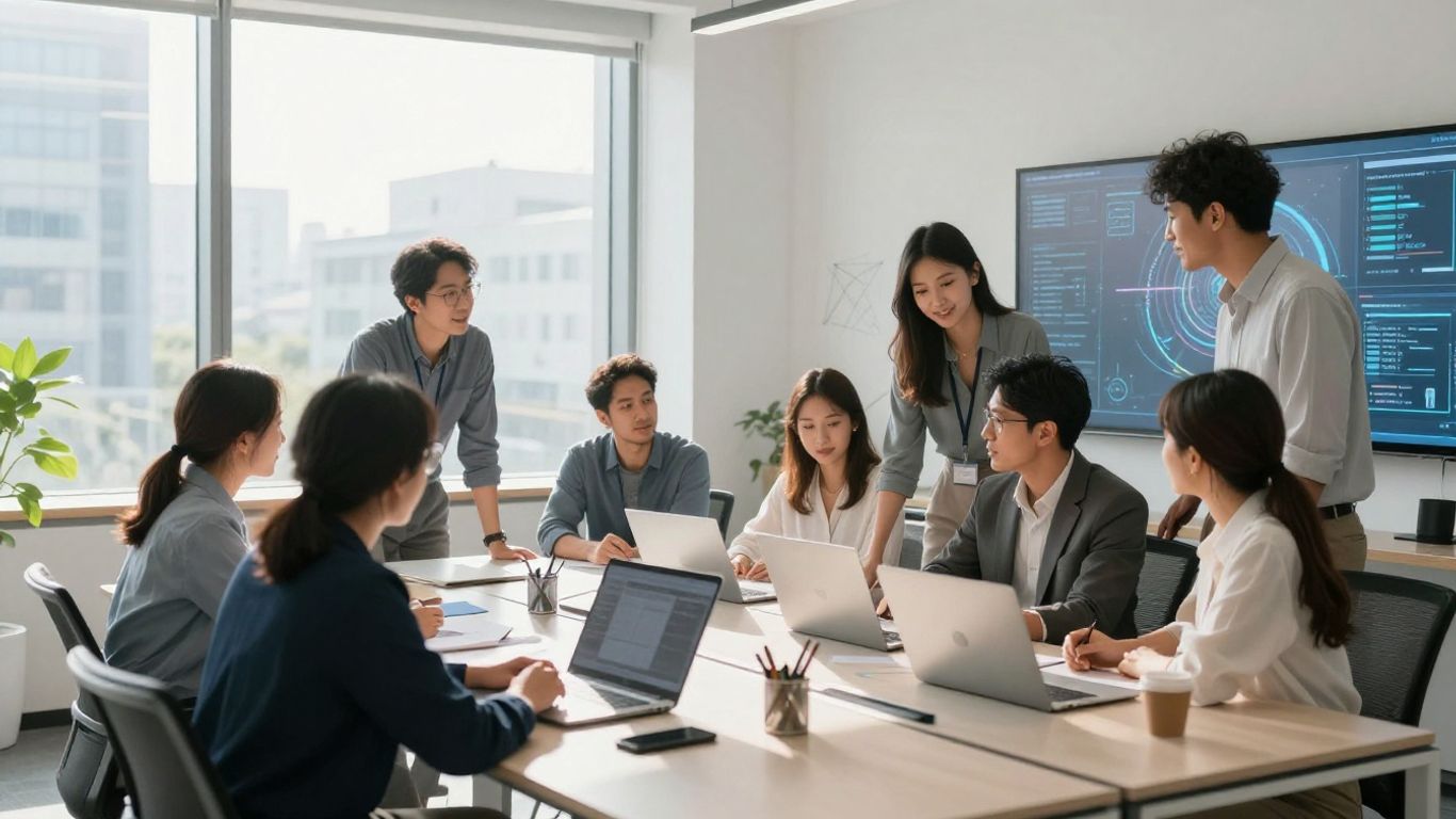 Team celebrating investment success in modern office.