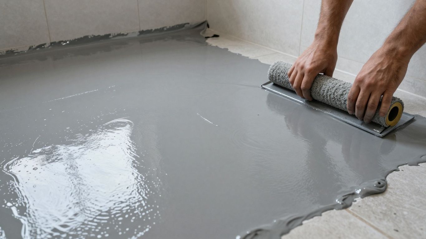 Bathroom floor coated with liquid waterproof membrane.