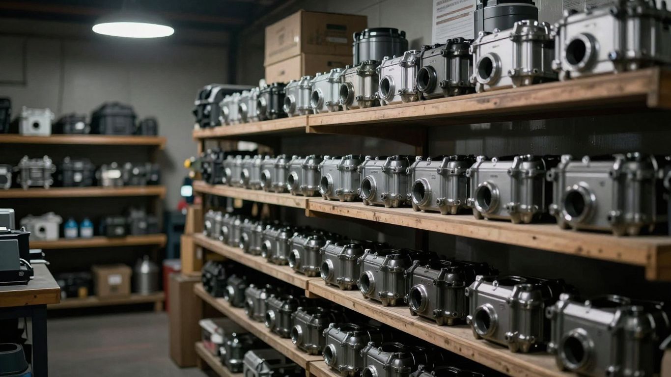 A workshop shelf holding automotive parts