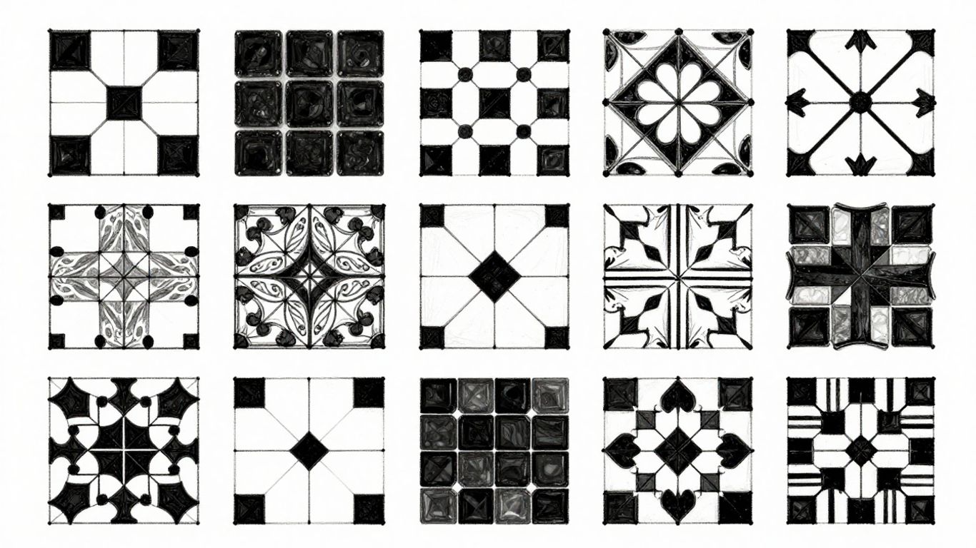 Boceto de baldosas negras de 12x12 y patrones de mosaico.