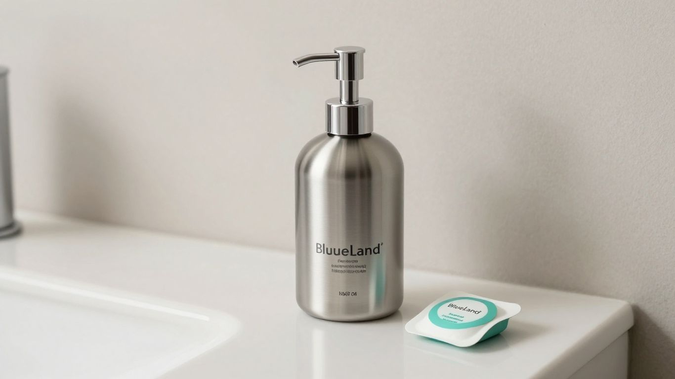 Blueland refillable hand soap dispenser on a bathroom counter.