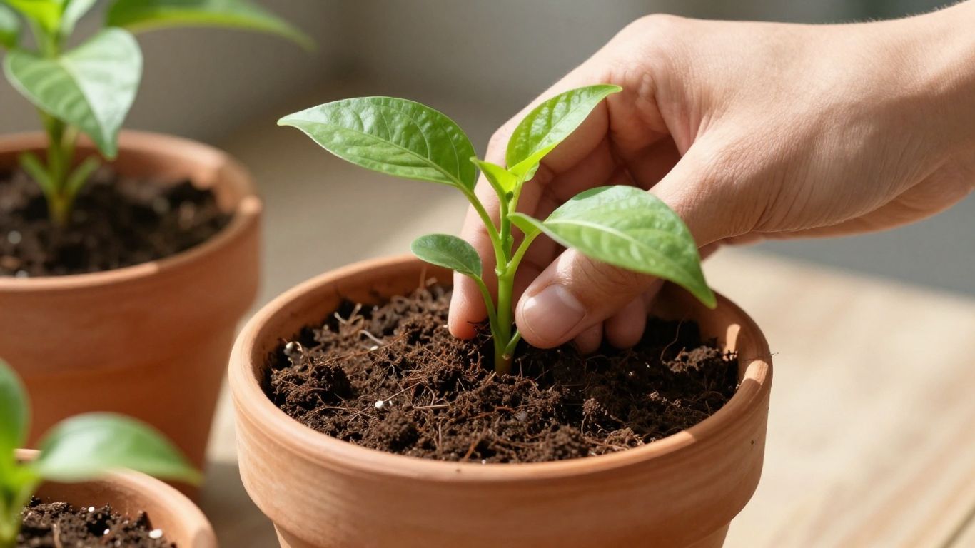 Hände topfen eine Pflanze in einen neuen Topf ein.