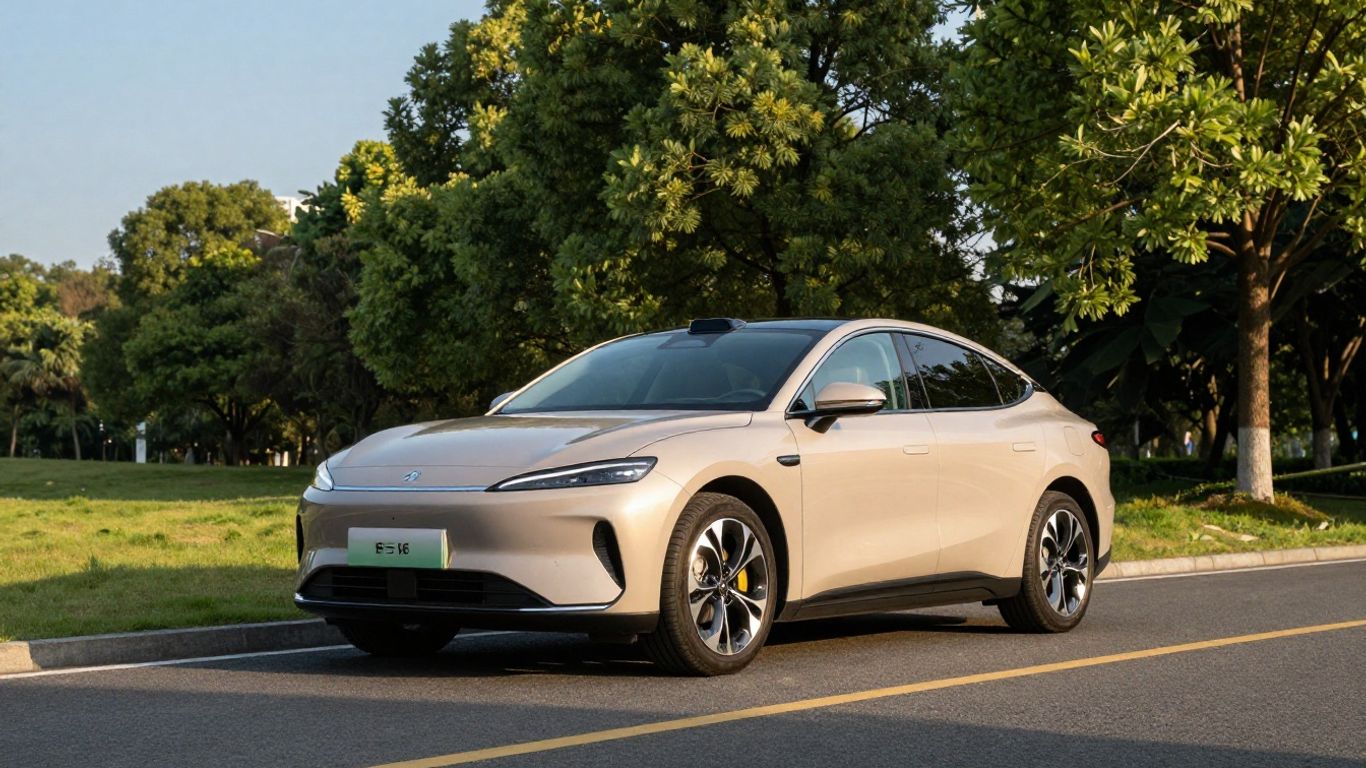 Modern hybrid car on a scenic road.