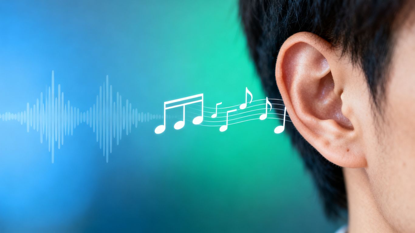 Person's ear with sound waves and musical notes.
