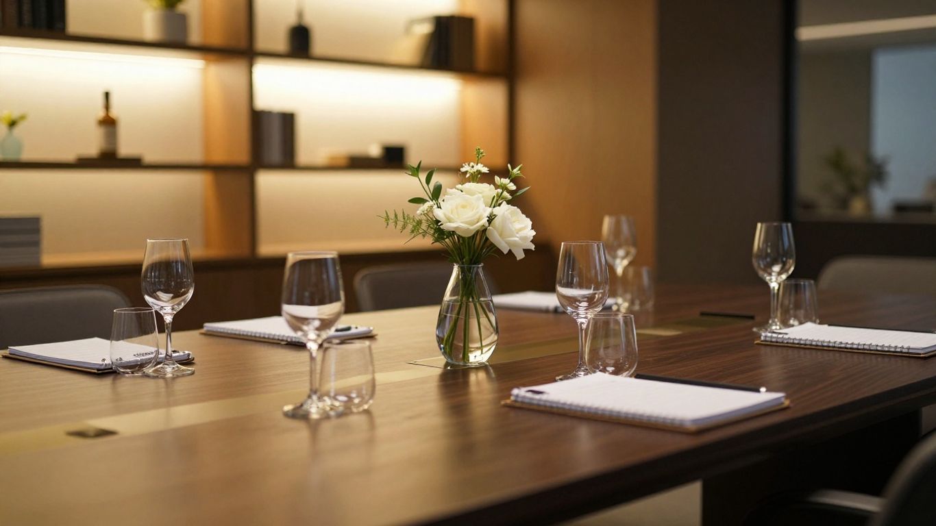 Modern floral arrangement centered on a corporate table