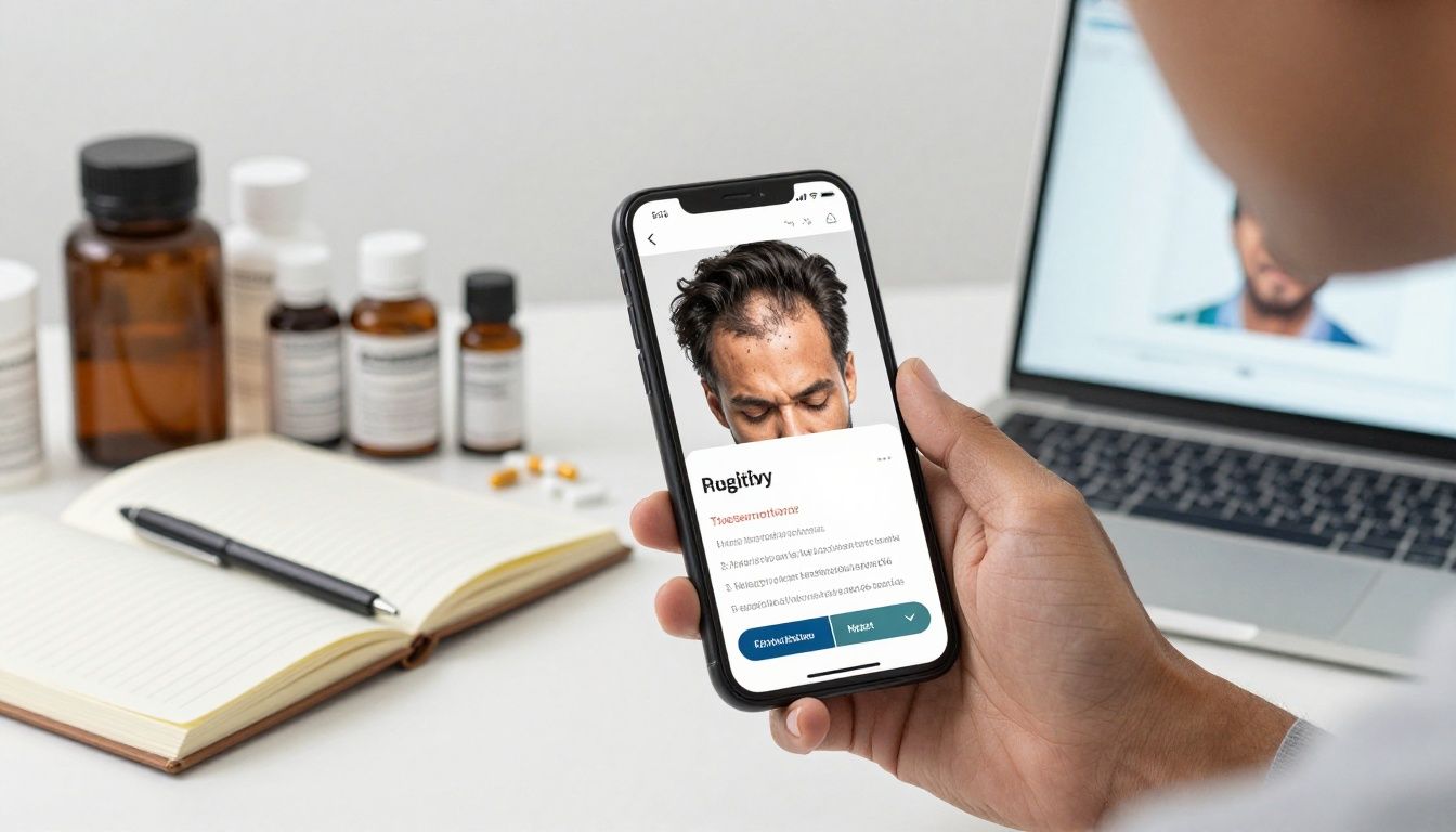 Bright modern health-tech scene showing a diverse U.S. adult reviewing organized hair-loss treatment progress on a smartphone beside a wellness journal, supplements, lab results, and a laptop, with clean lighting and no text or logos